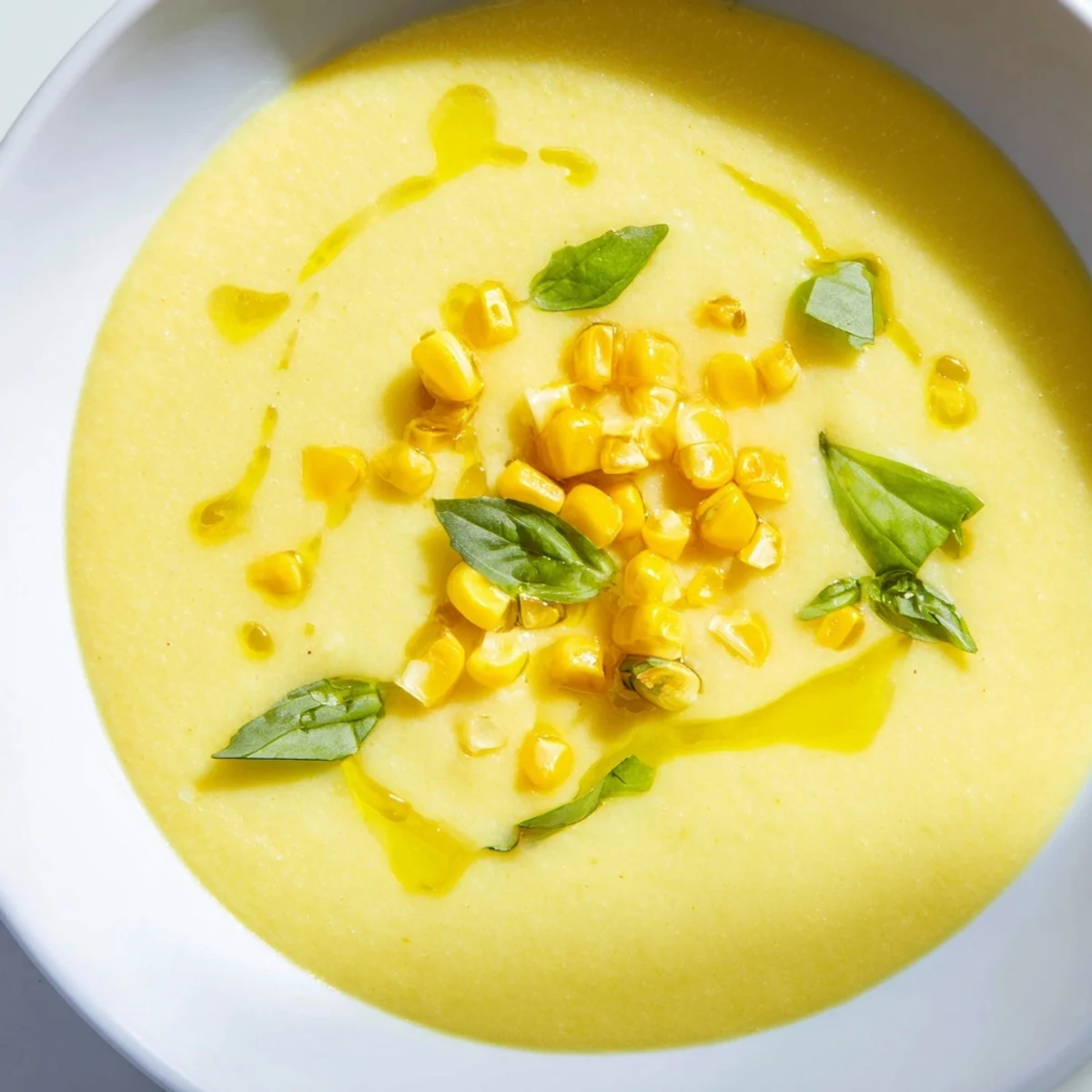 Bright yellow summer sweet corn gazpacho poured into shallow bowls on a sunlit outdoor table