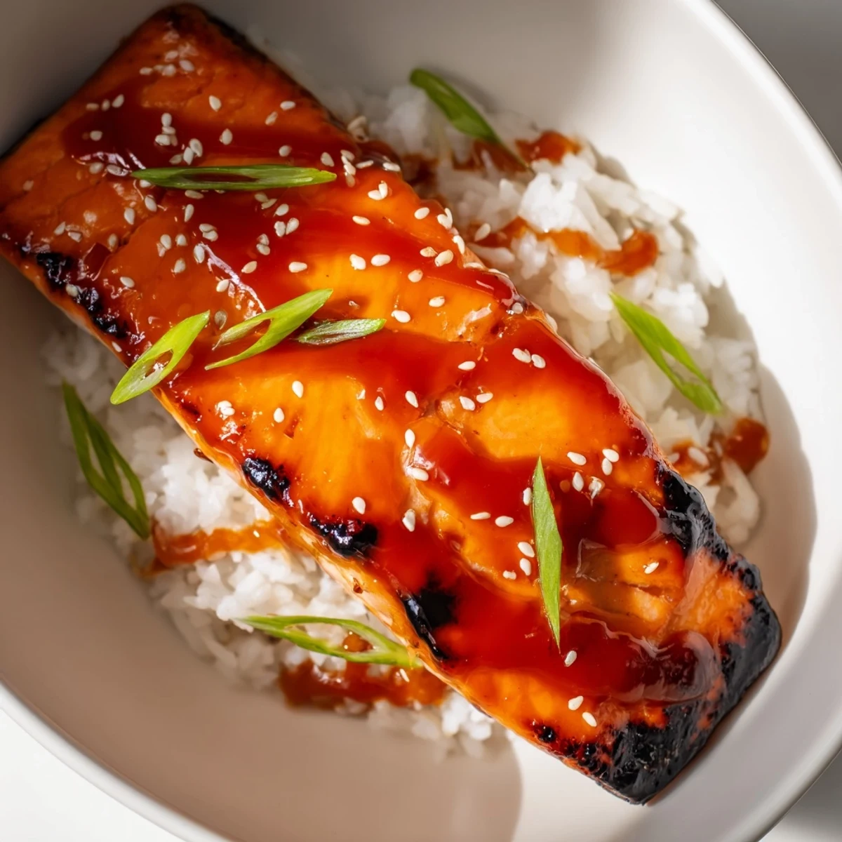 Caramelized sriracha honey glazed salmon bowls topped with avocado, sesame seeds, and lime