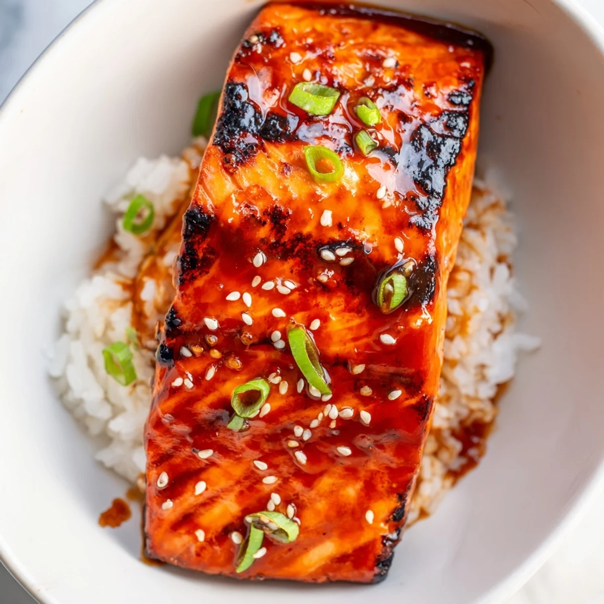 Glossy sriracha honey glazed salmon bowls with vibrant veggies and fluffy jasmine rice