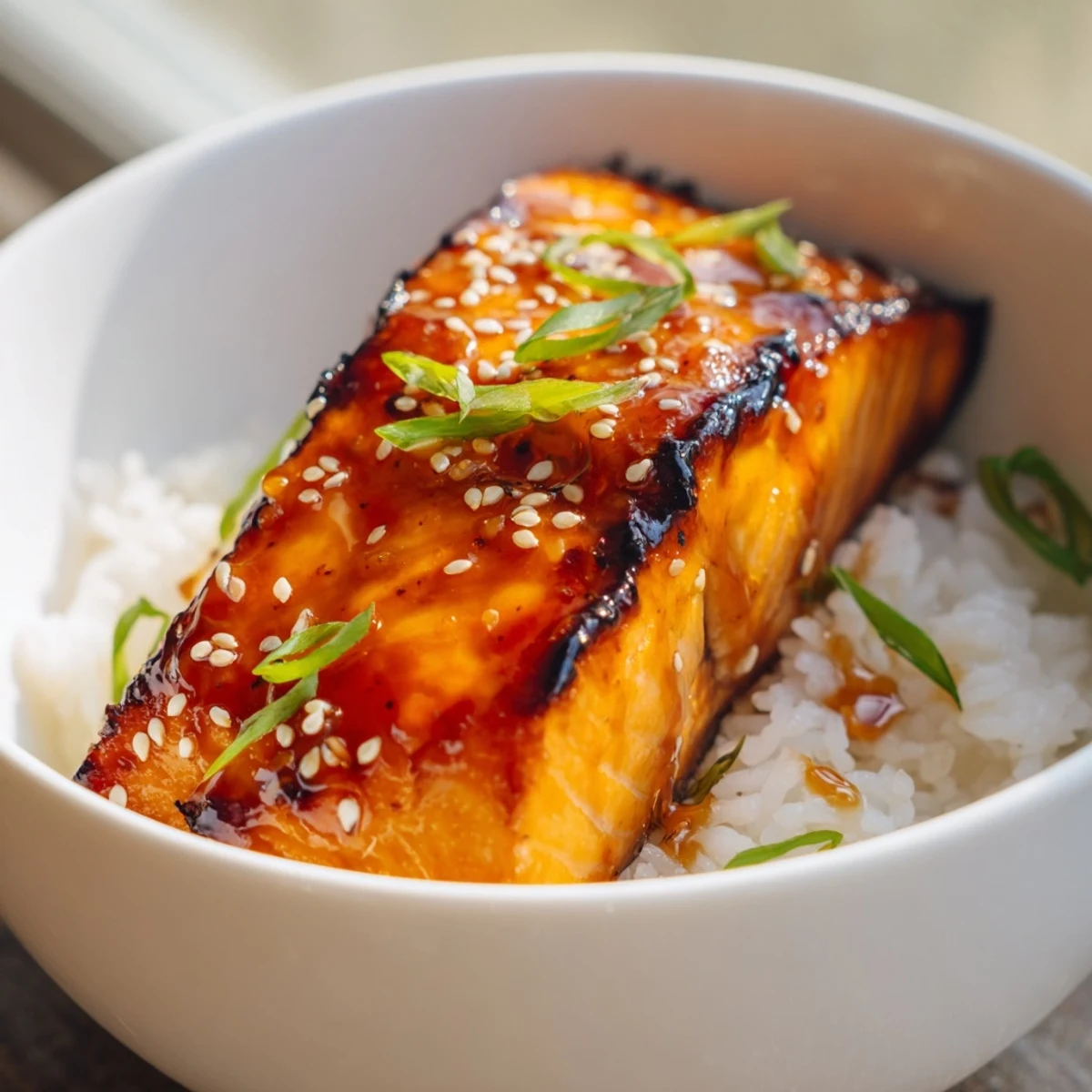 Tender sriracha honey glazed salmon bowls drizzled with sticky sweet-spicy glaze over crisp vegetables