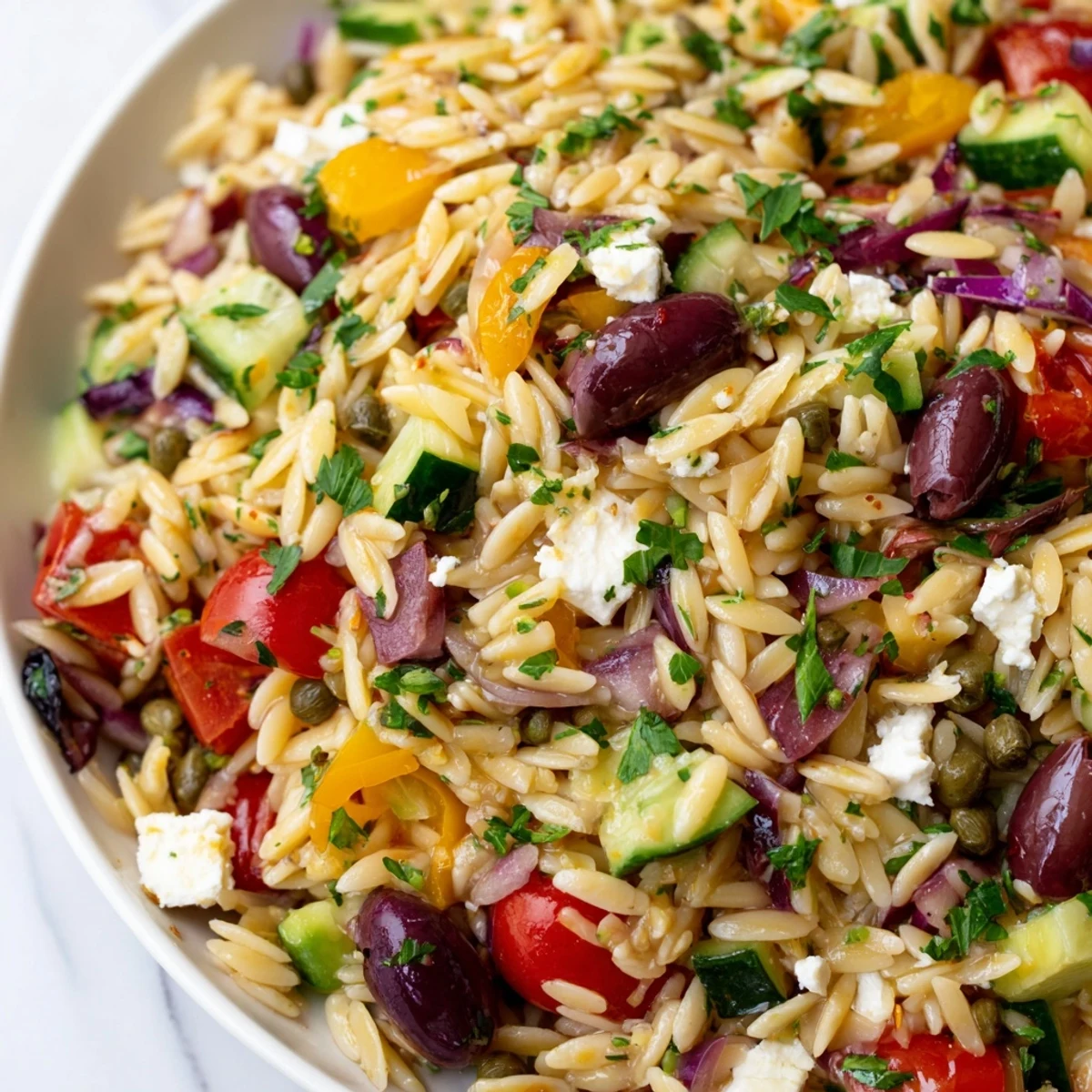 Colorful Mediterranean Orzo Pasta Salad topped with crumbled feta and fresh parsley