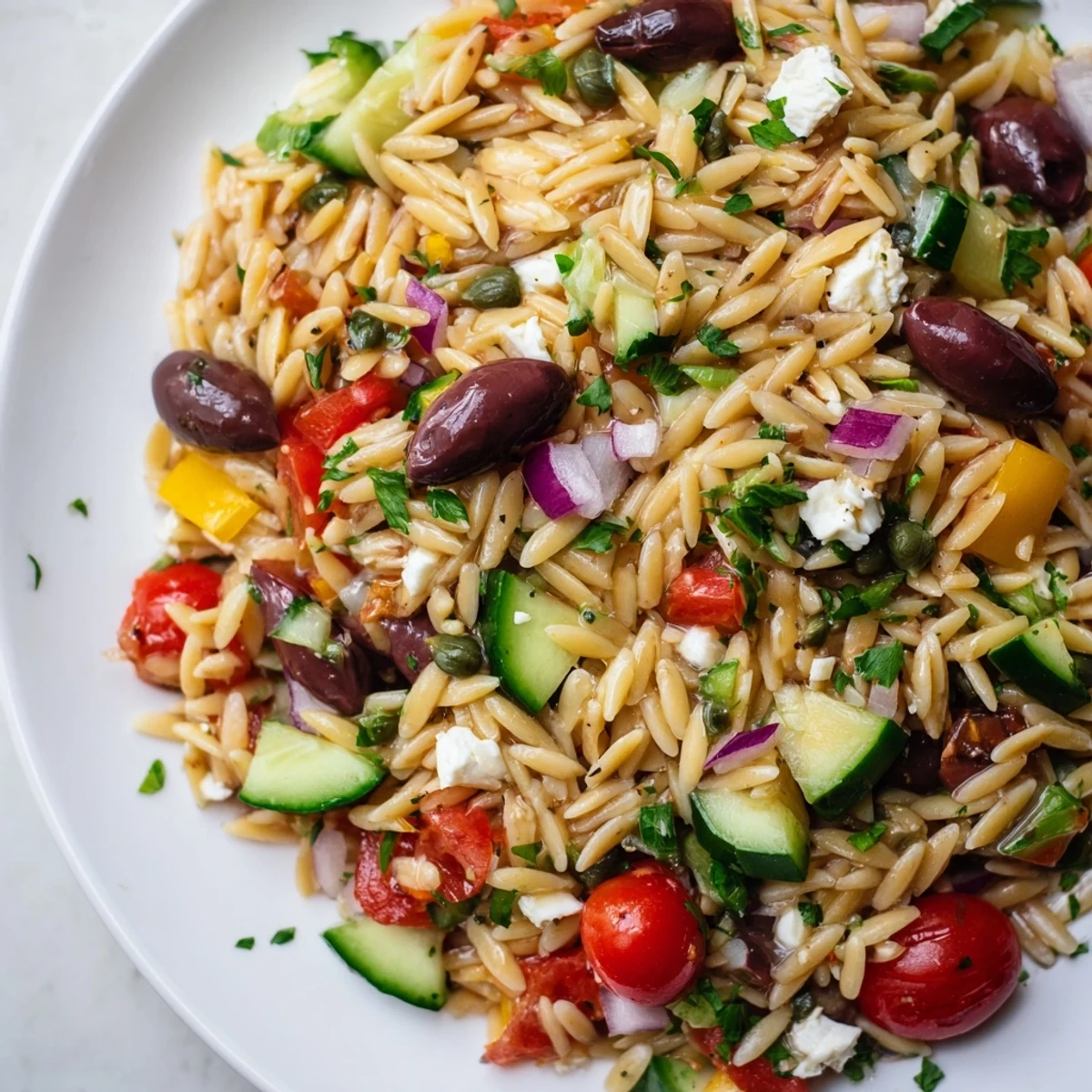 Creamy feta and plump olives garnish this bright Mediterranean Orzo Pasta Salad