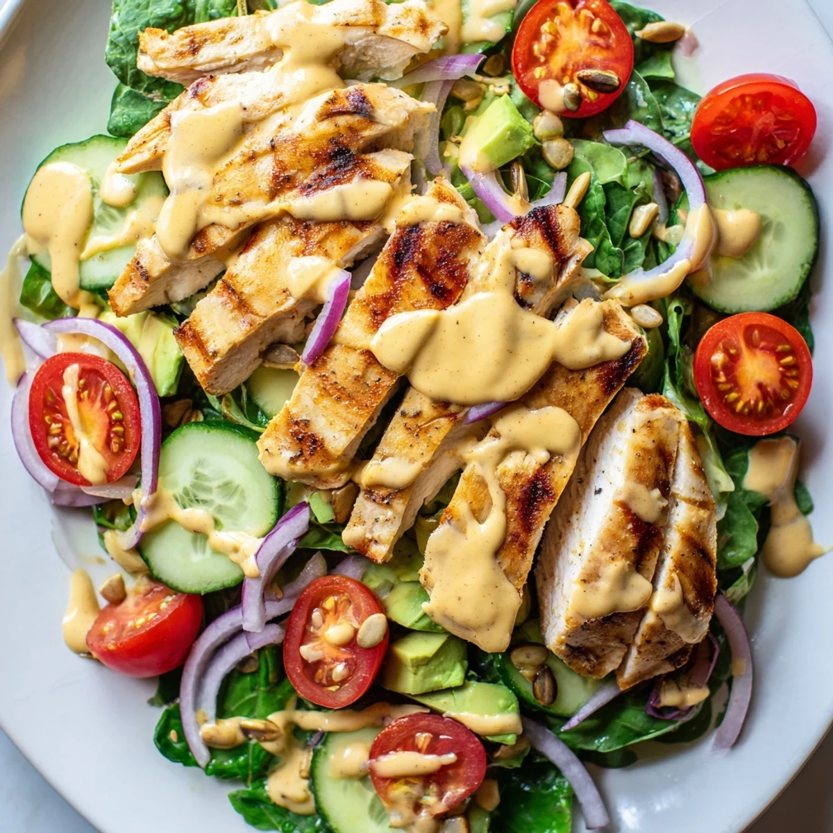 Creamy honey mustard chicken salad drizzled with golden dressing over crisp mixed greens