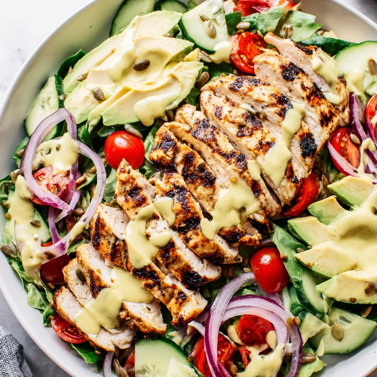 Creamy honey mustard chicken salad in a rustic bowl garnished with cherry tomatoes and sunflower seeds