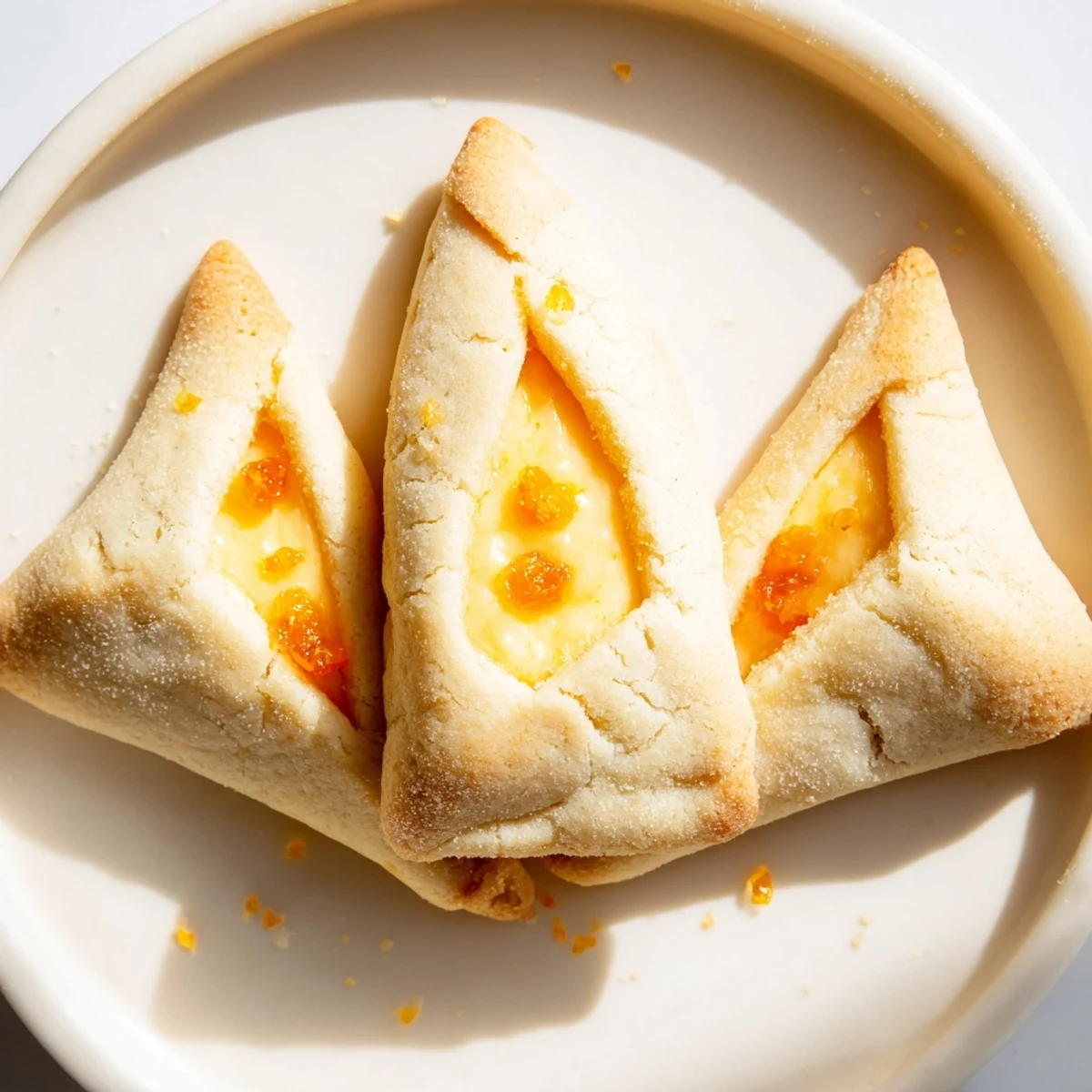 Golden Creamsicle Hamentaschen with creamy orange filling dusted on a rustic baking sheet