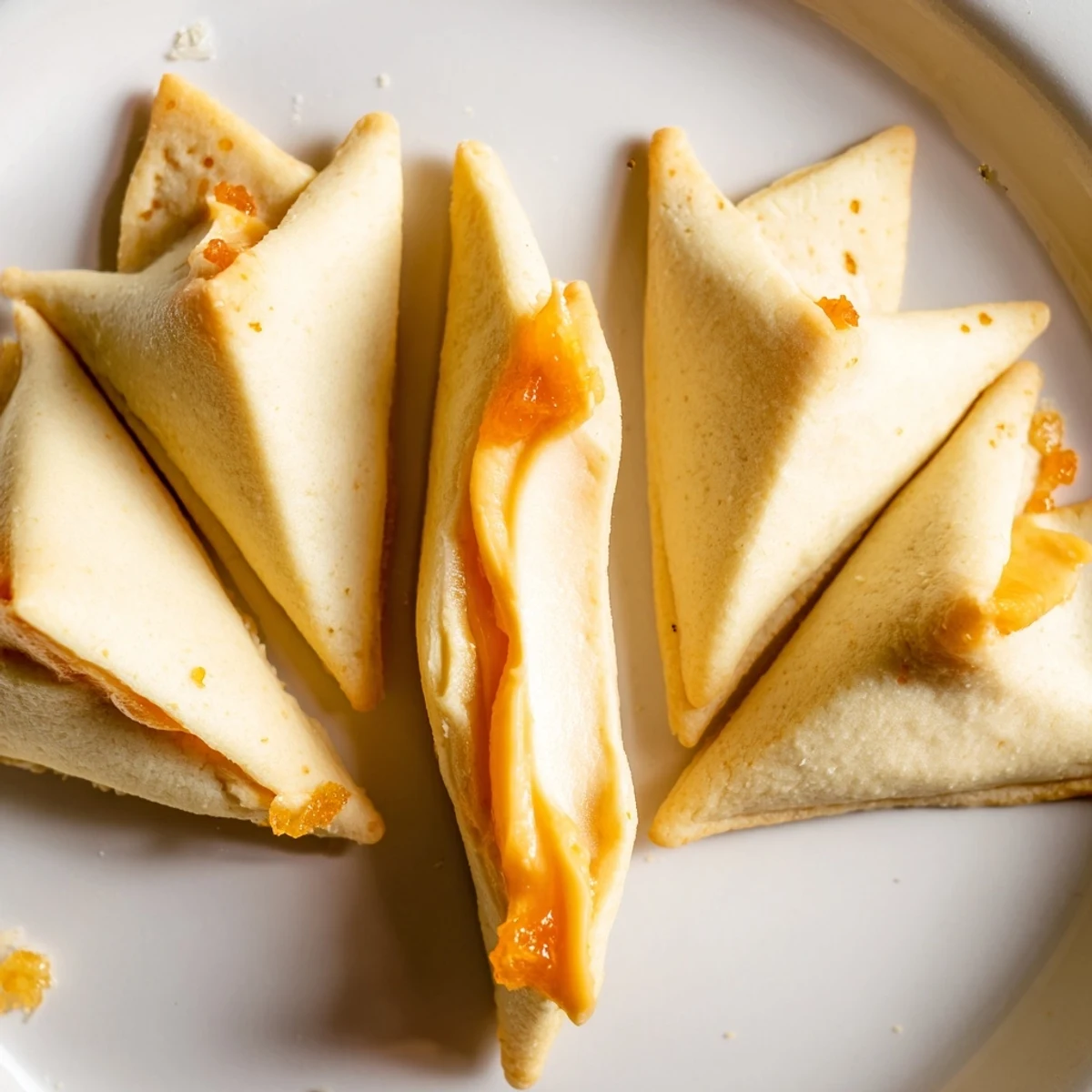 Creamsicle Hamentaschen fresh from the oven with lightly golden triangular cookie edges