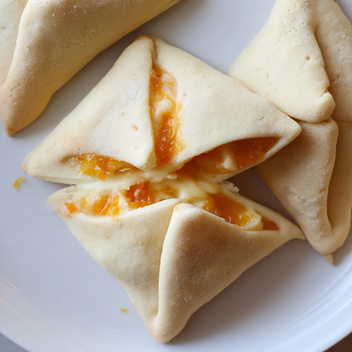 Creamy orange-centered Creamsicle Hamentaschen arranged on parchment ready for a Purim celebration