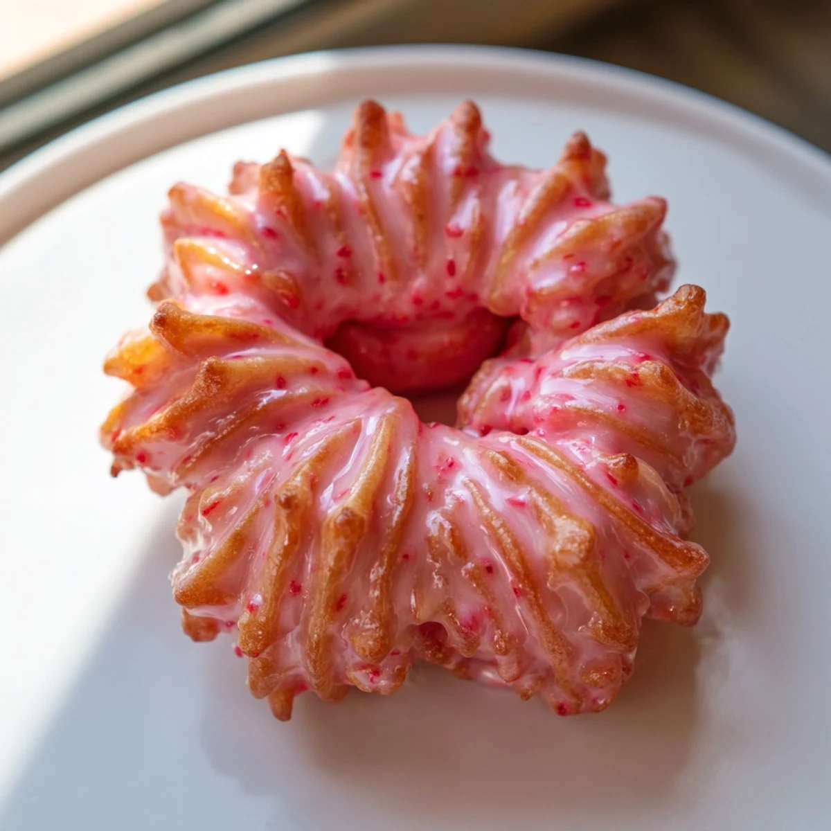 Golden Strawberry Glazed French Crullers drizzled with glossy pink icing on a wire rack