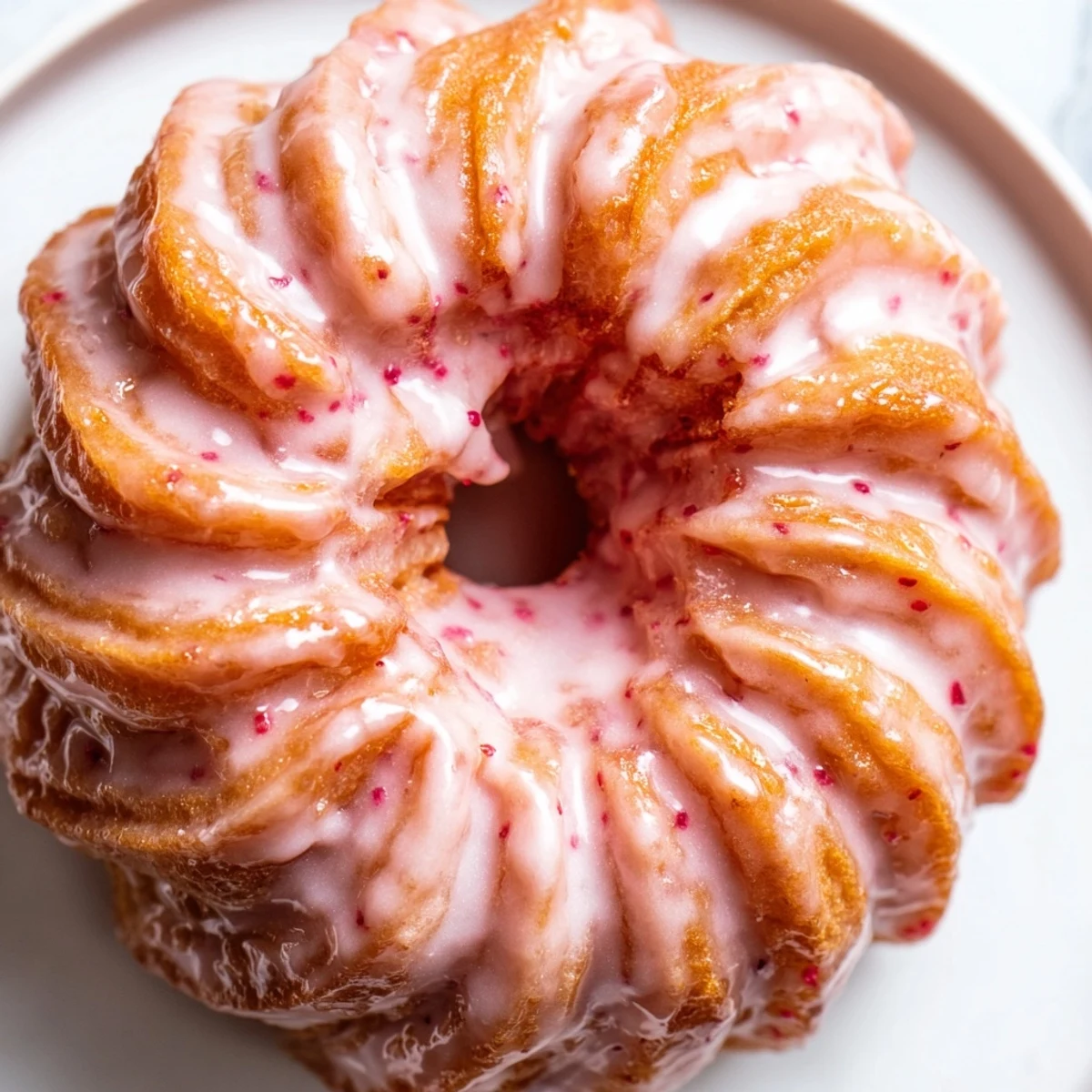Crispy piped Strawberry Glazed French Crullers topped with tangy berry glaze close-up view