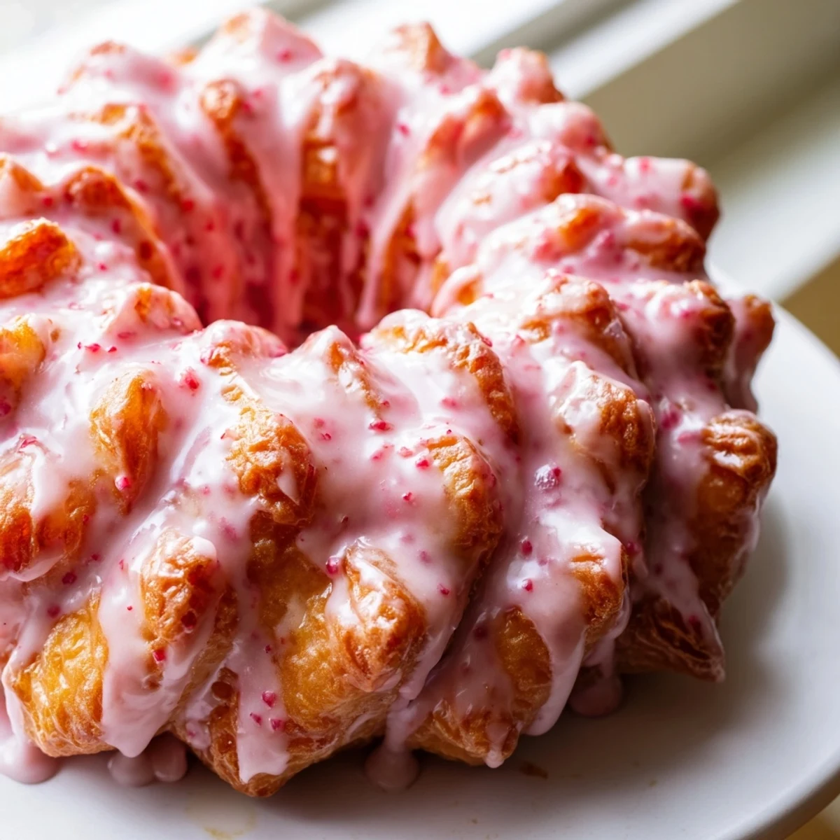 Fluffy Strawberry Glazed French Crullers coated in vibrant red strawberry icing stacked together
