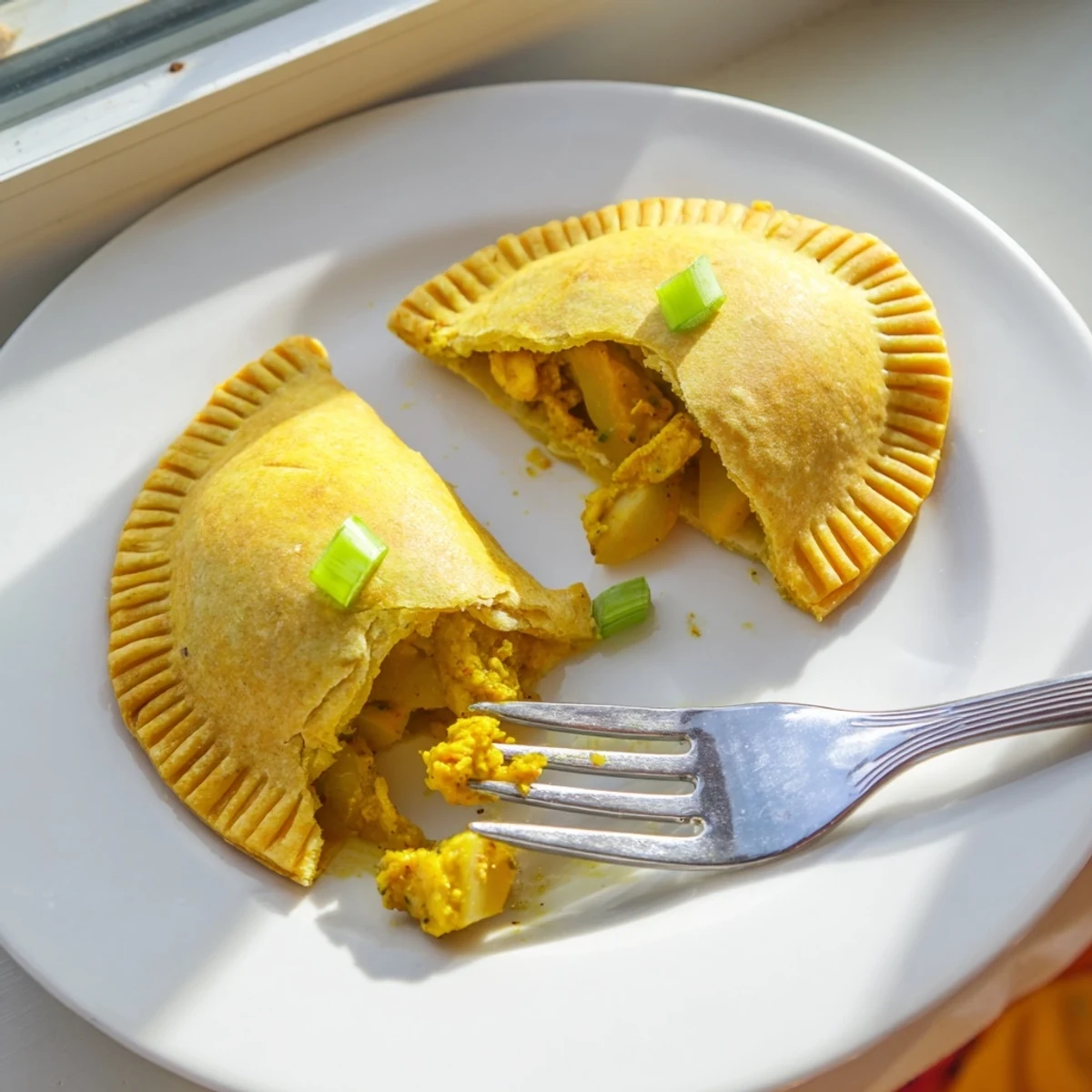 Golden Jamaican Curry Chicken Patties with flaky crust on a rustic baking sheet