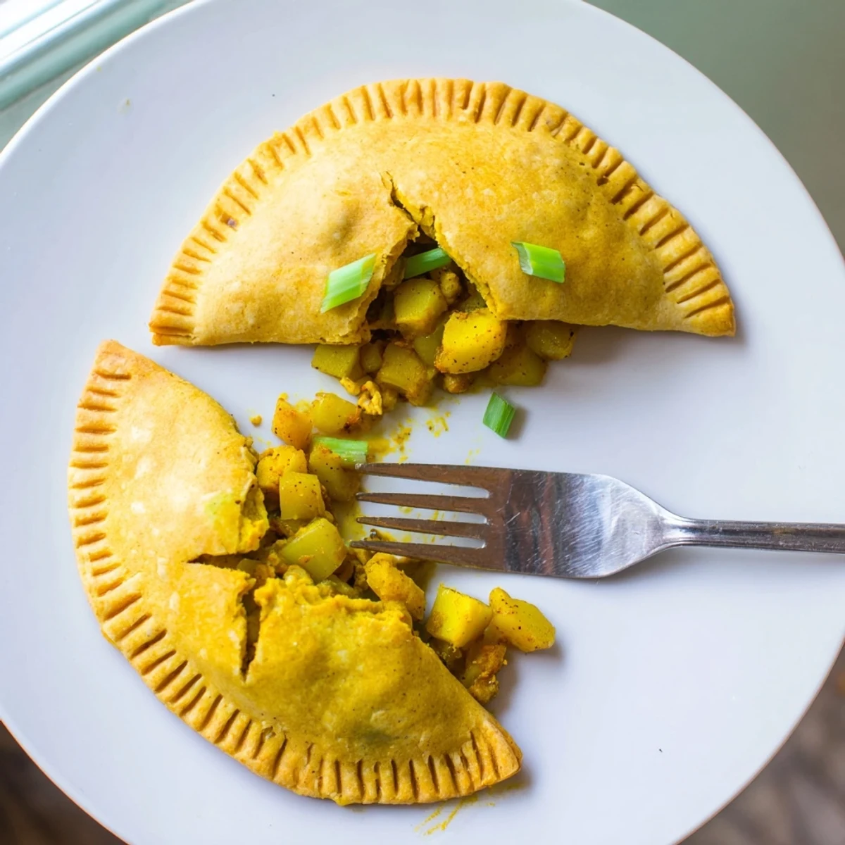 Crispy Jamaican Curry Chicken Patties sliced open revealing aromatic spiced chicken filling