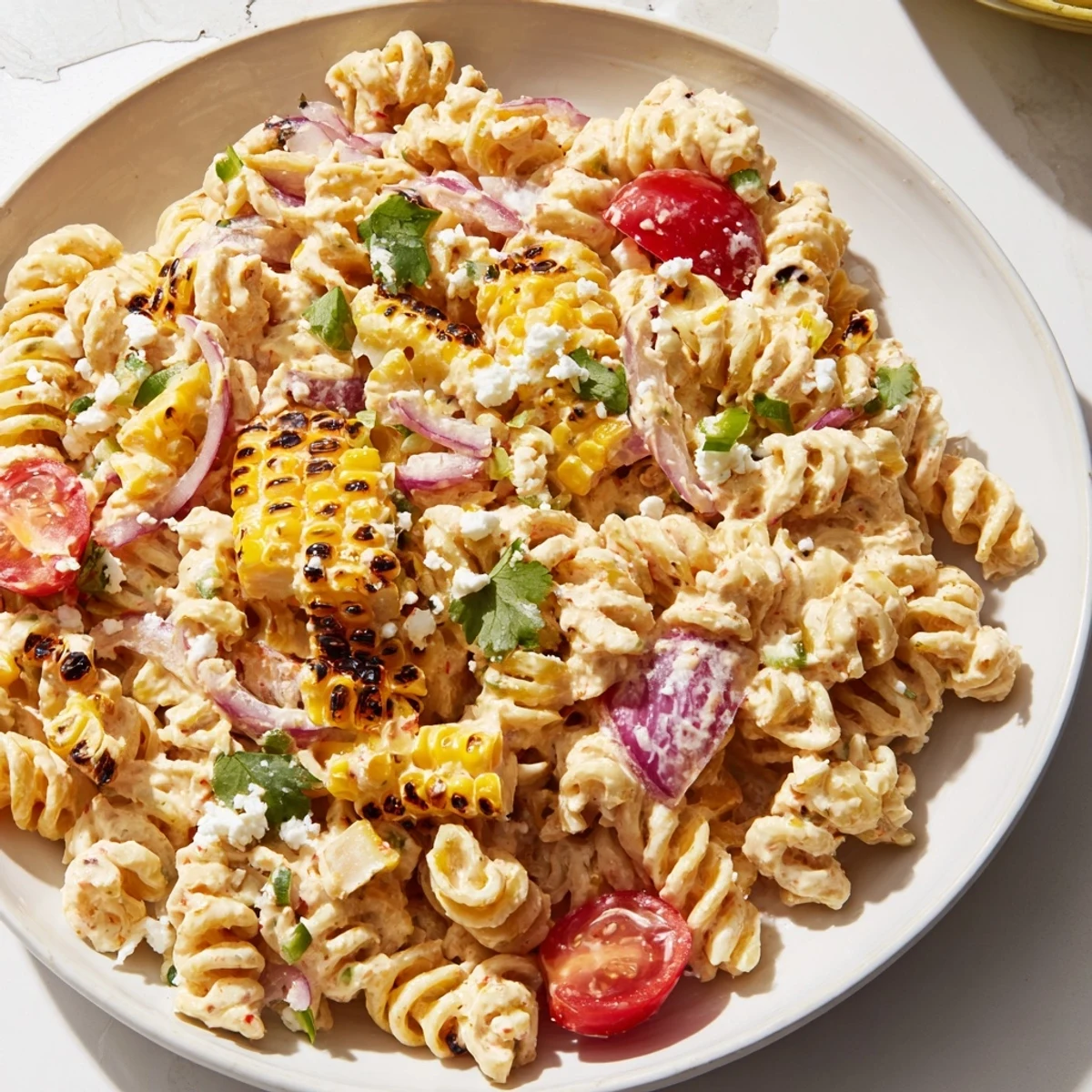 Creamy elote pasta salad topped with crumbled cotija cheese and fresh cilantro