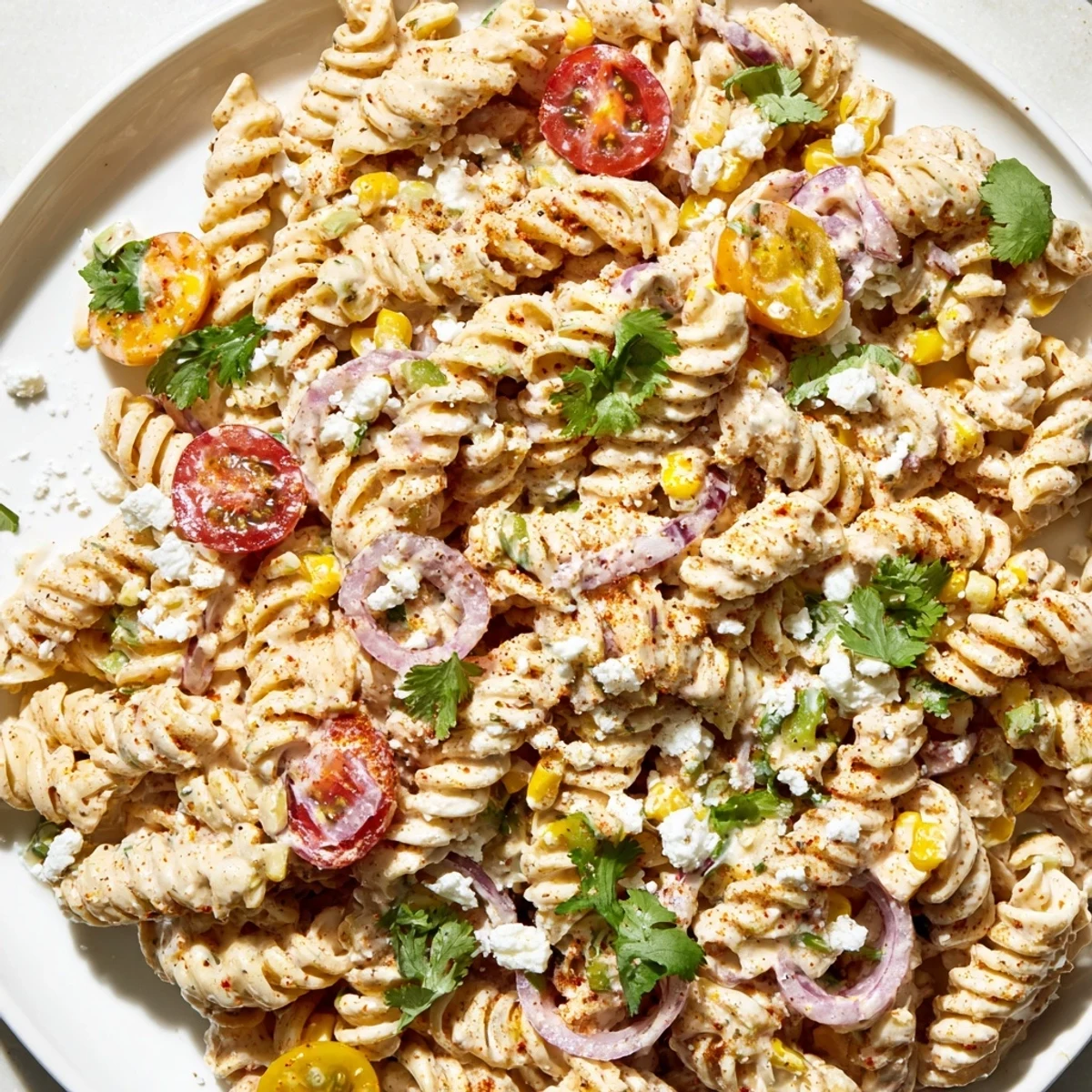 Smoky spicy elote pasta salad served chilled in a bowl with lime wedges