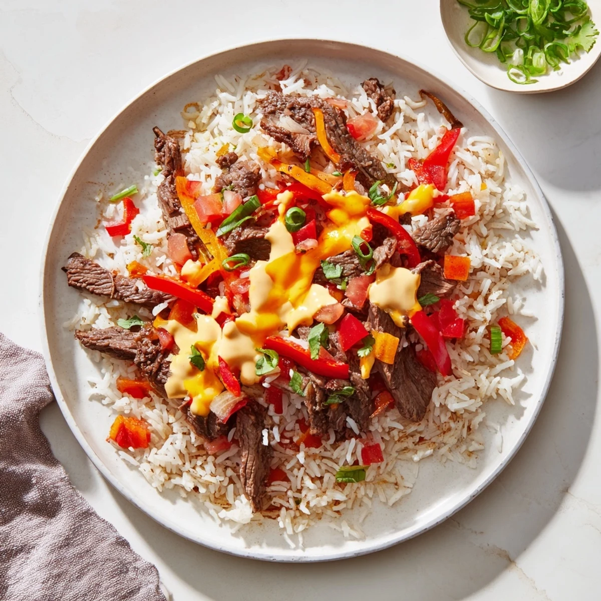 Creamy steak queso rice topped with melted cheese and fresh cilantro in a rustic bowl