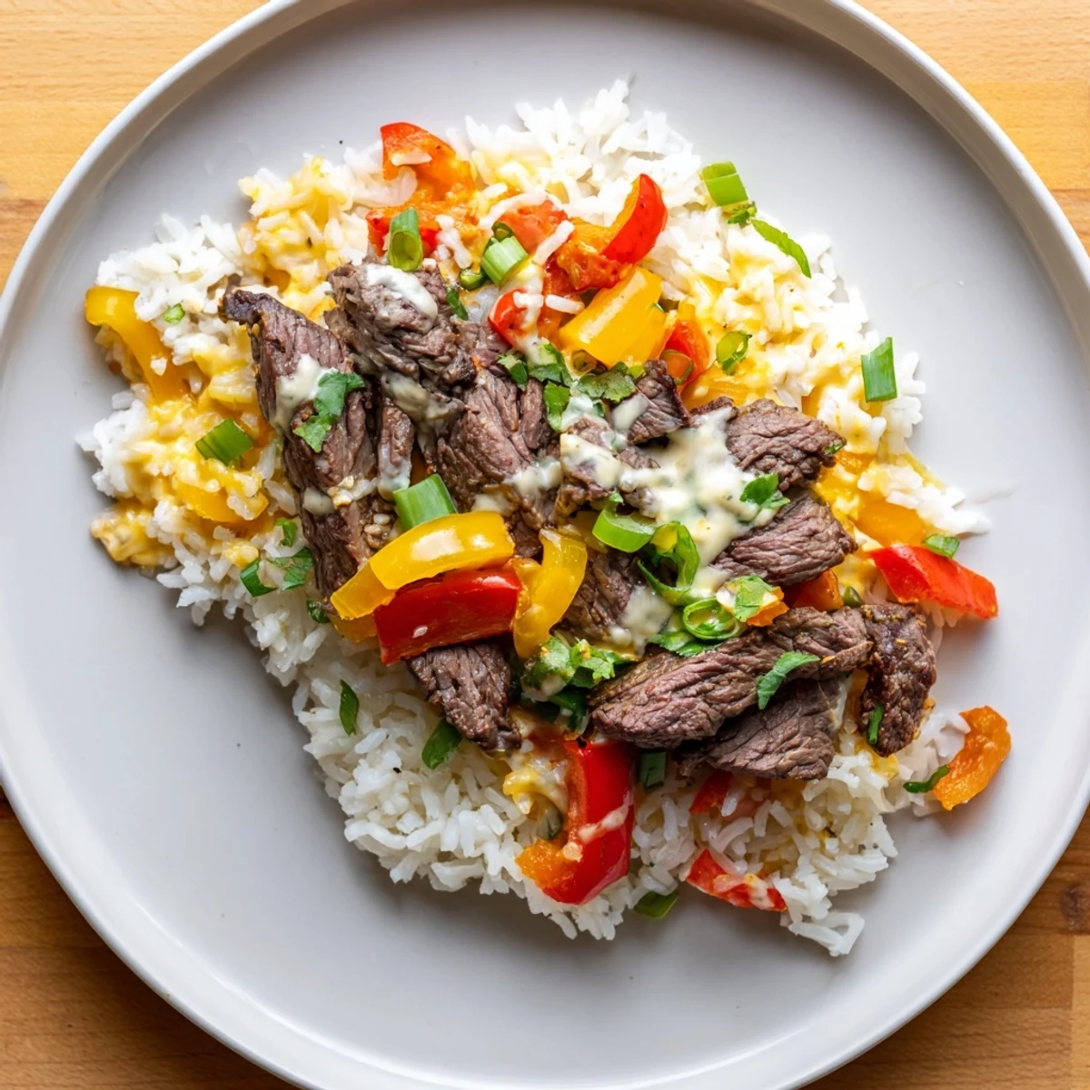 Sizzling steak queso rice loaded with tender beef and golden queso sauce