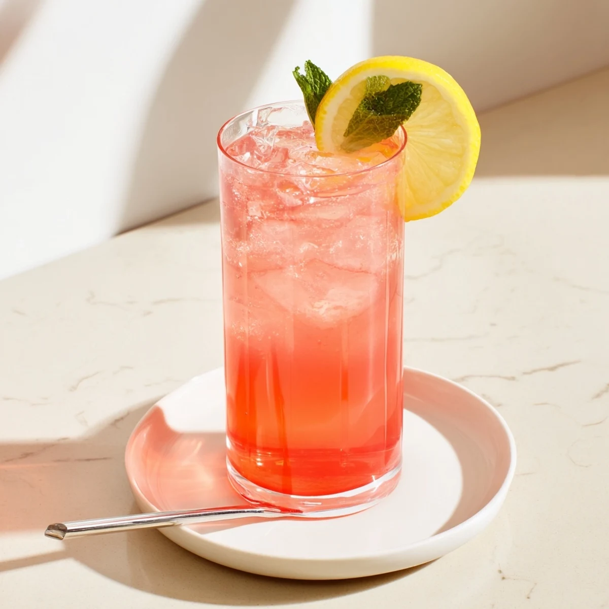 A tall glass of Honey Lemon Pink Soda garnished with a fresh lemon slice and mint over ice