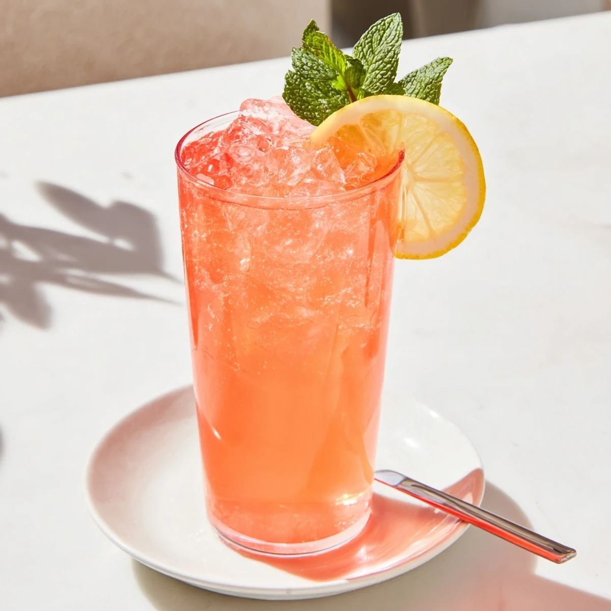 Sparkling Honey Lemon Pink Soda in a clear tumbler with ruby grenadine swirls and crushed ice
