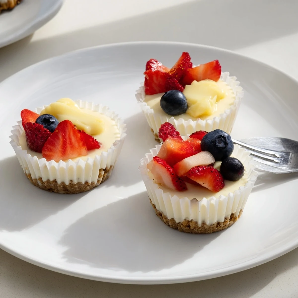 Mini cheesecakes topped with fresh berries and golden graham cracker crusts