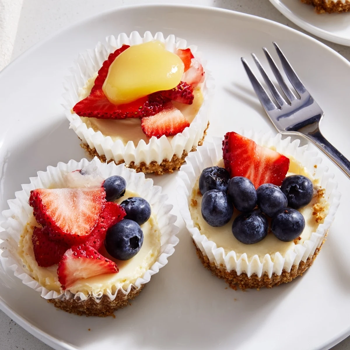 Individual mini cheesecakes with chocolate ganache and crushed cookie garnish on display