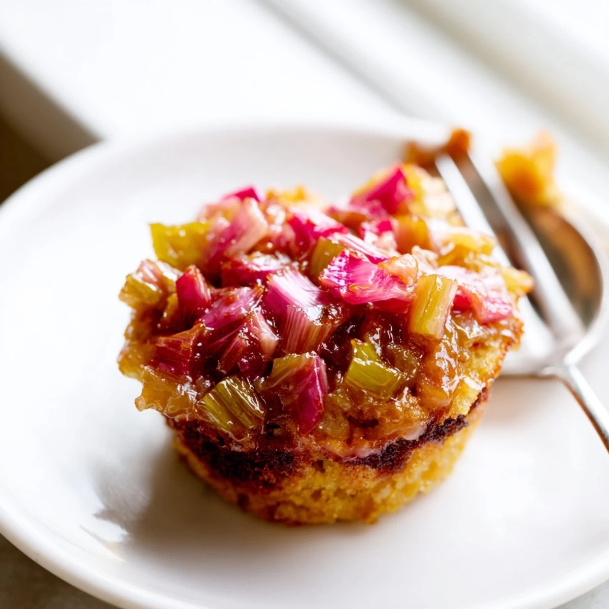 Golden upside down rhubarb muffins with caramelized pink fruit on a wire rack