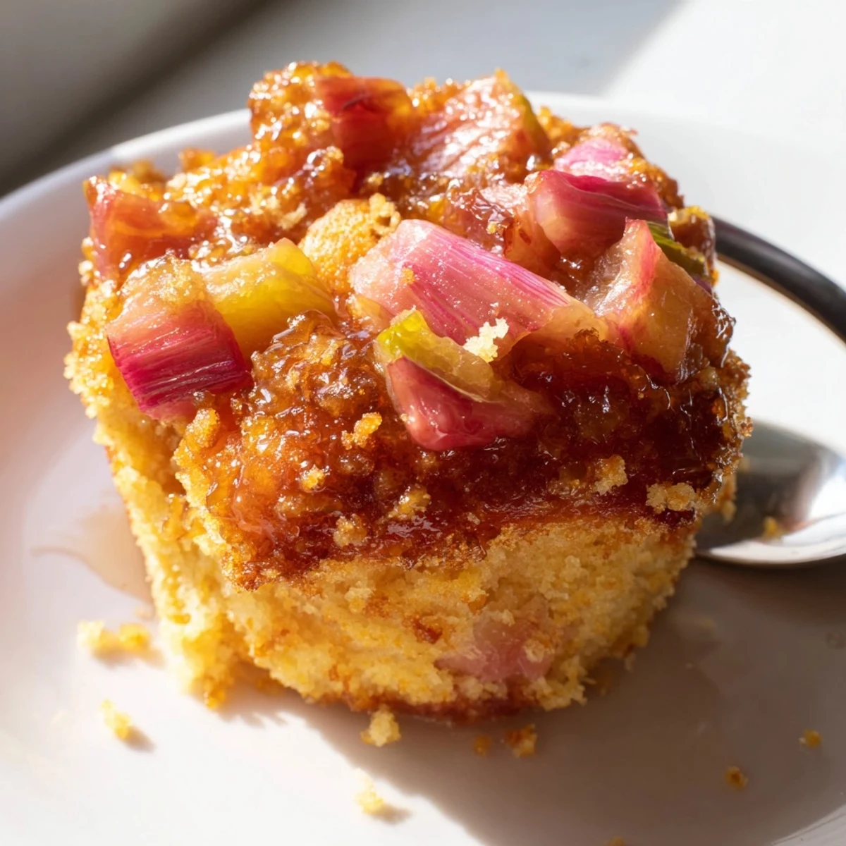 Tender upside down rhubarb muffins showing glistening sweet-tart topping fresh from the oven