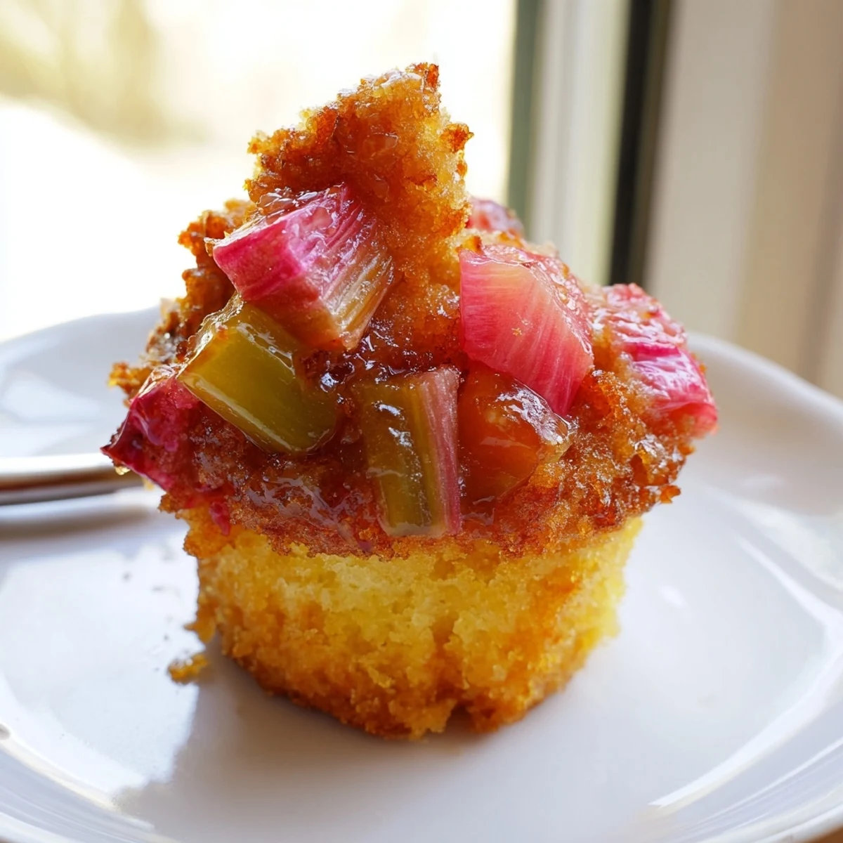 Moist upside down rhubarb muffins served on a rustic plate with melting butter