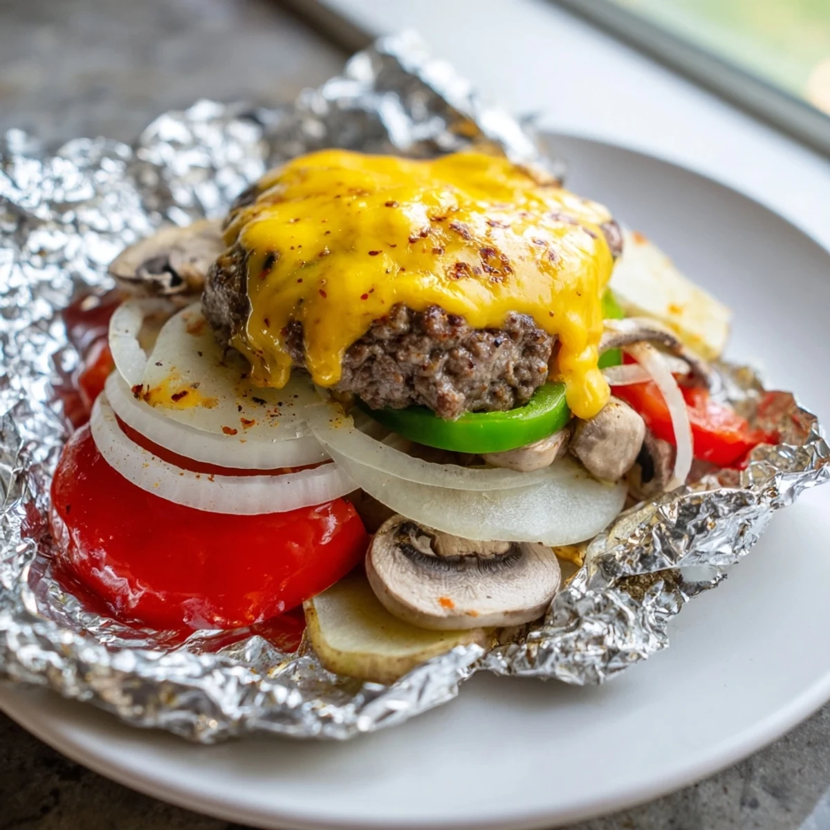 Juicy Campfire Cheeseburger Hobo Packets layered with tender potatoes and colorful grilled vegetables