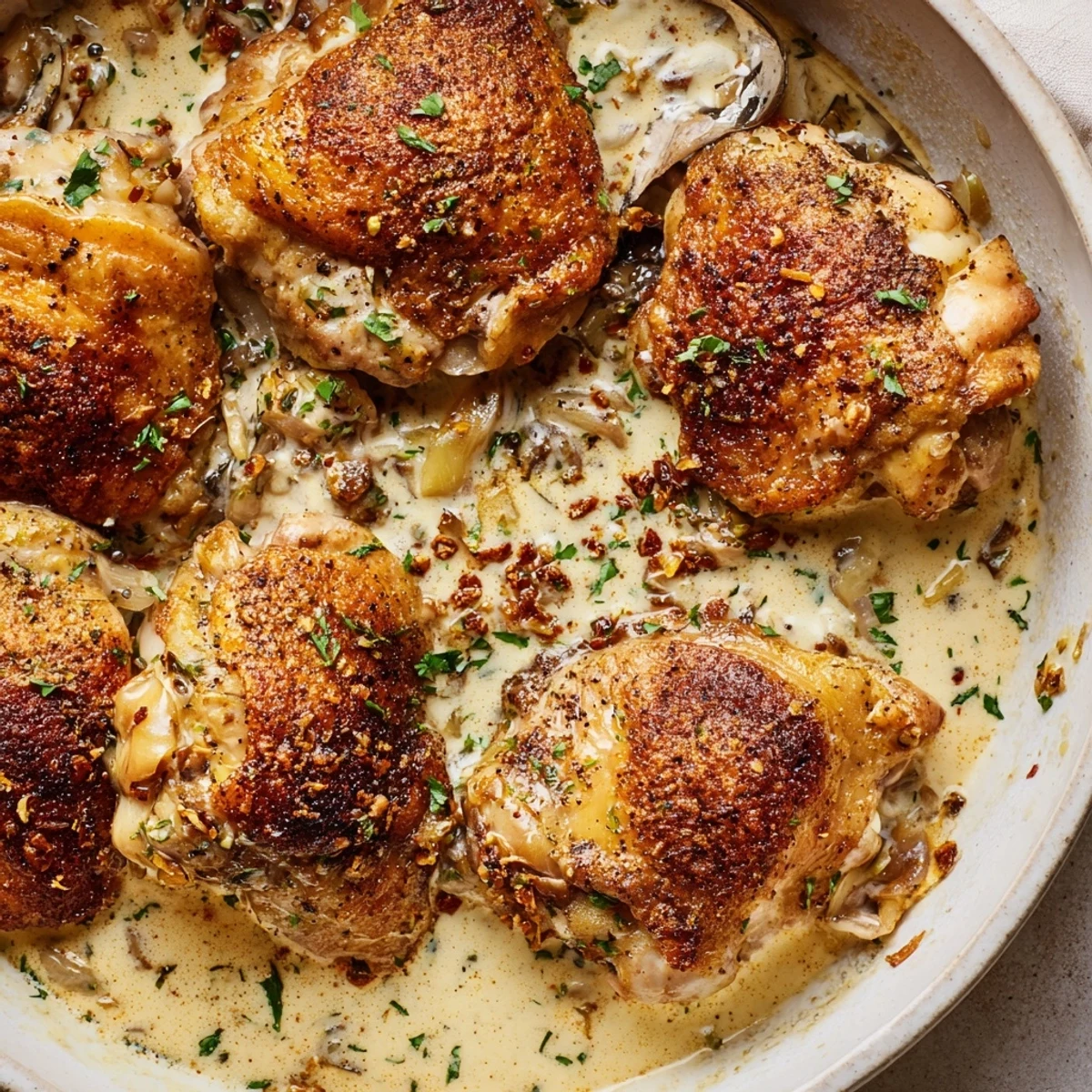 Golden crispy chicken thighs nestled in a velvety garlic cream sauce with herbs