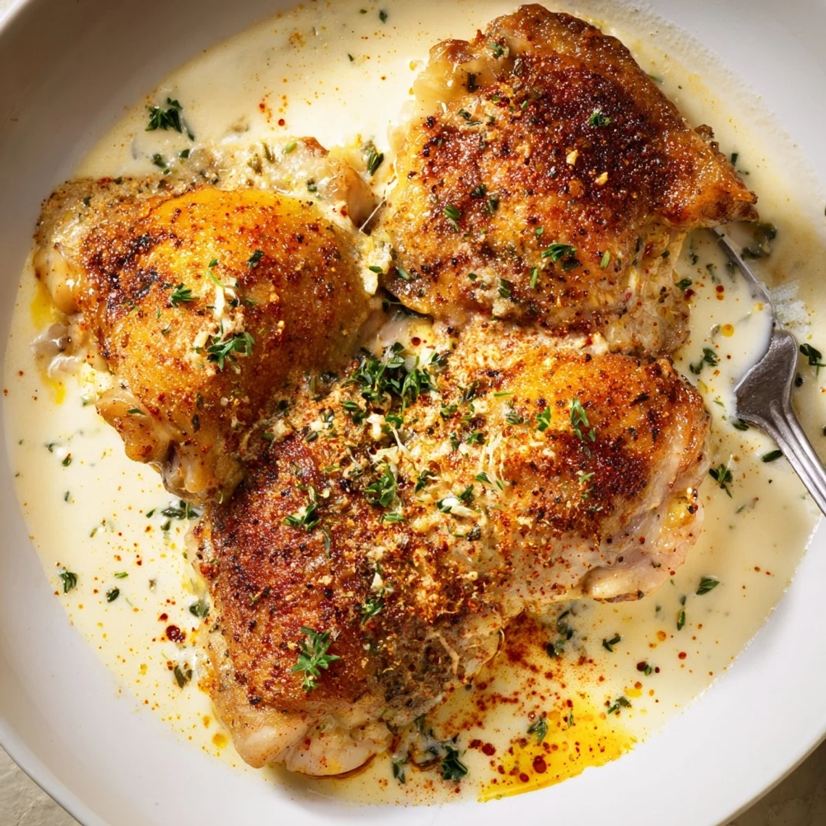 Creamy oven baked chicken thighs swimming in a rich herb-infused cream sauce
