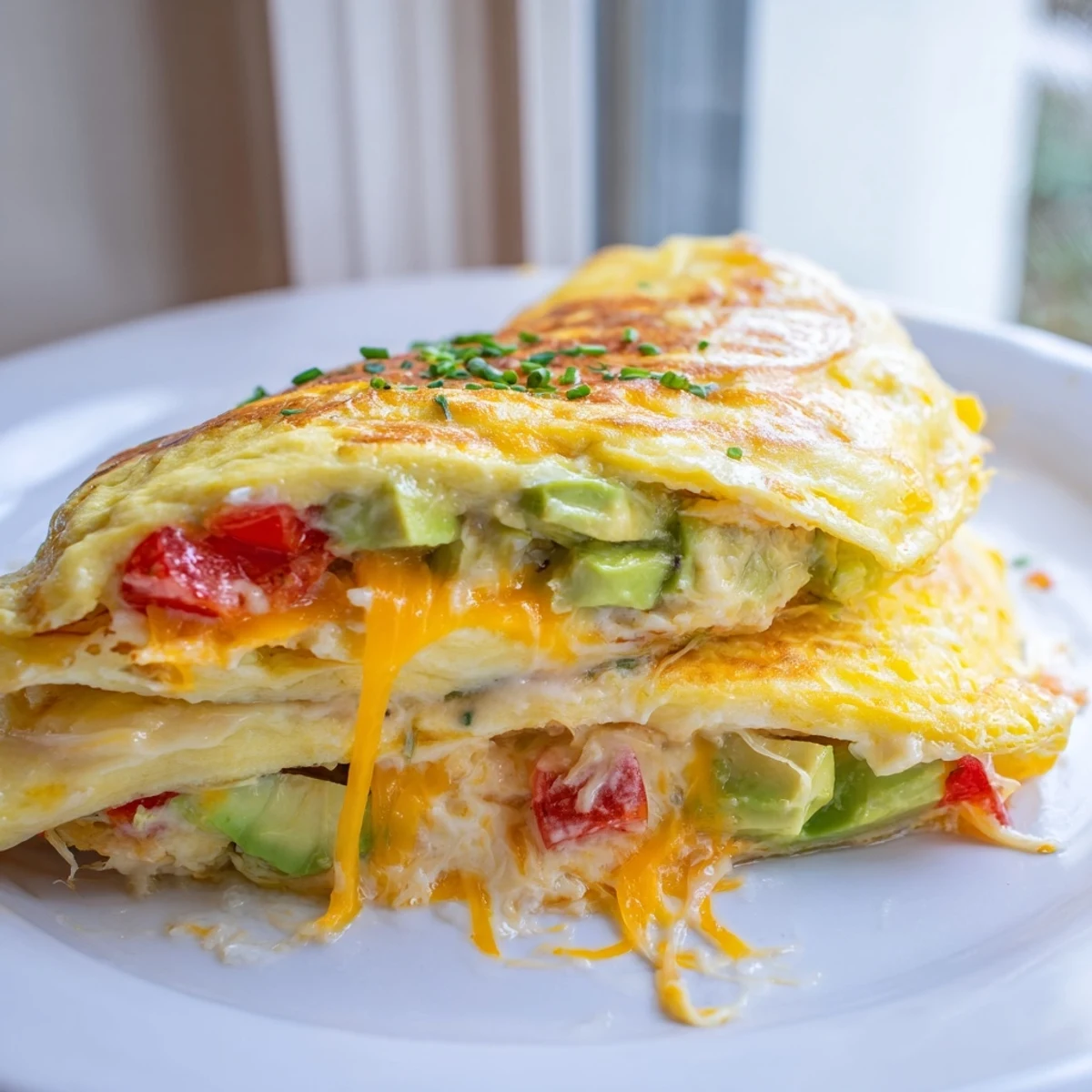 Golden avocado cheesy tomato omelette folded over melted cheddar and fresh diced tomatoes