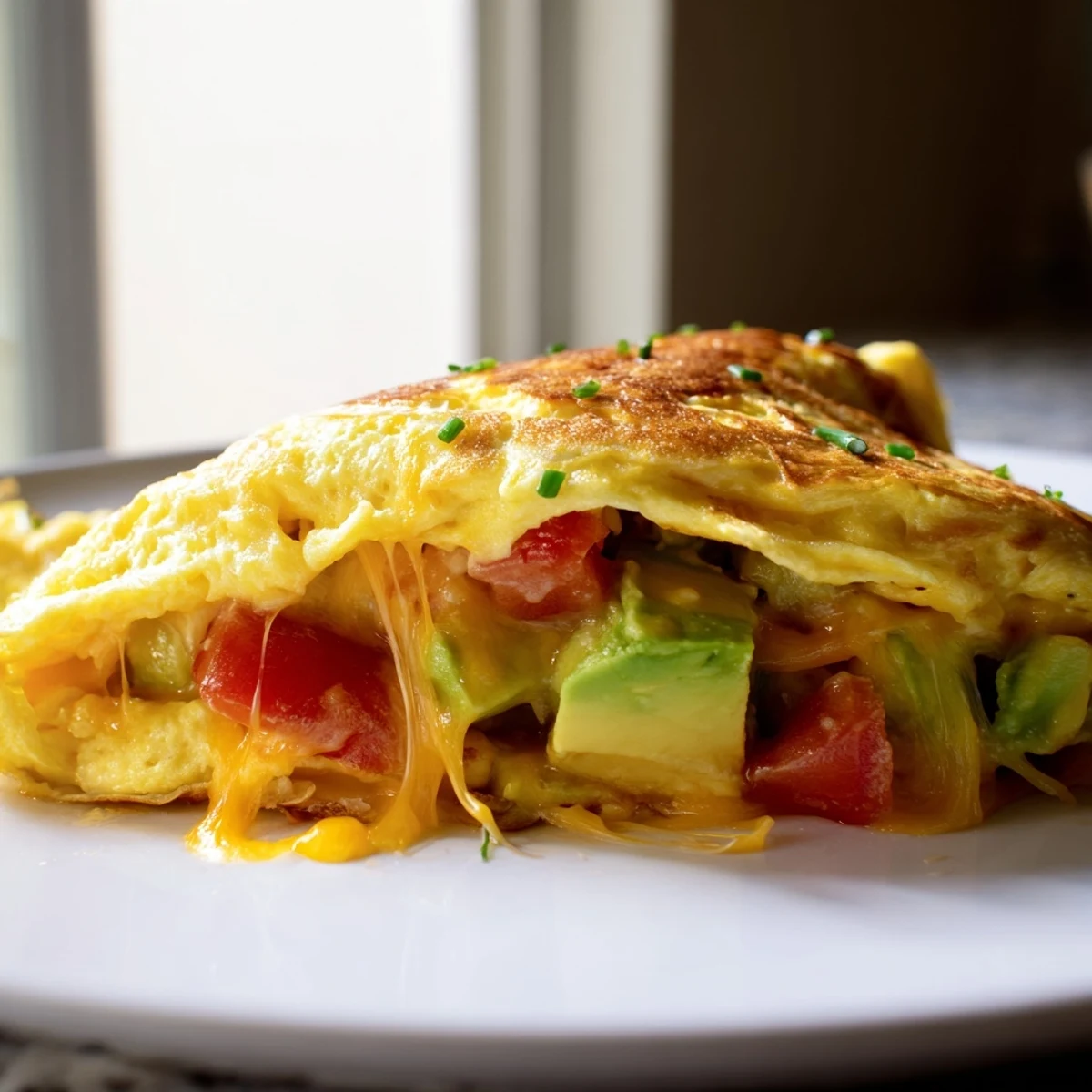 Creamy avocado cheesy tomato omelette served on a white plate with chive garnish