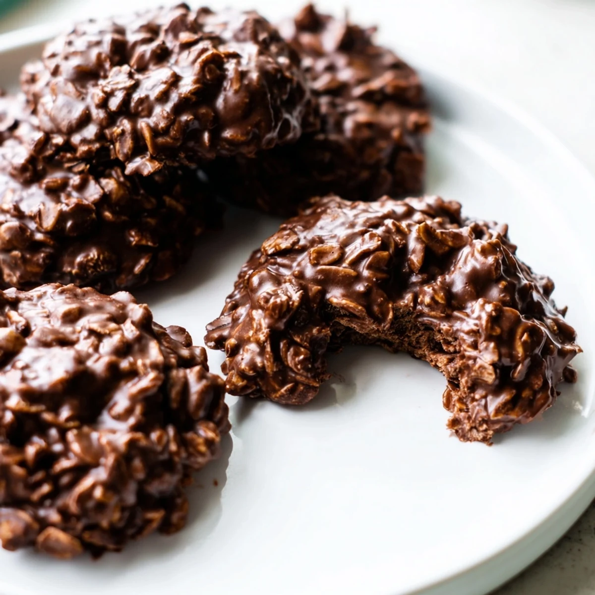 Fudgy chocolate oatmeal no bake cookies piled on a rustic parchment-lined baking sheet