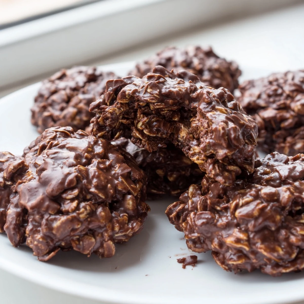 Rich chocolate oatmeal no bake cookies scooped into rounds and dusted with cocoa