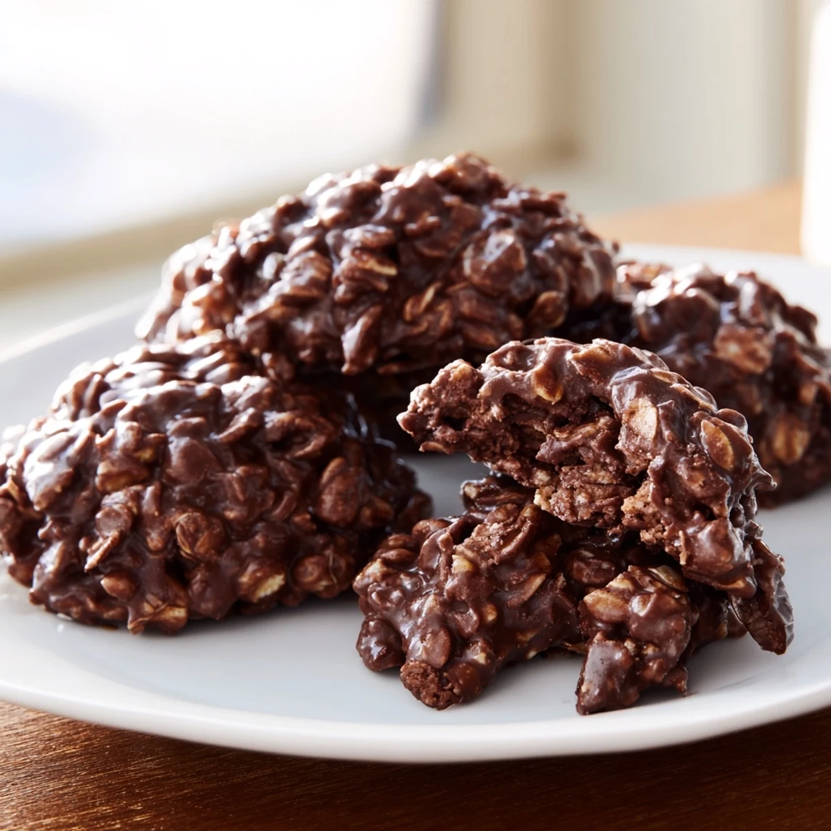 Glossy chocolate oatmeal no bake cookies with chewy oats cooling on a wire rack