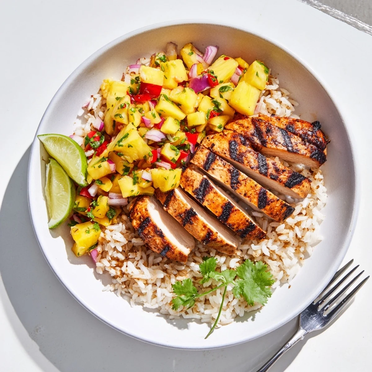 Juicy grilled chicken topped with colorful pineapple mango salsa on a white plate