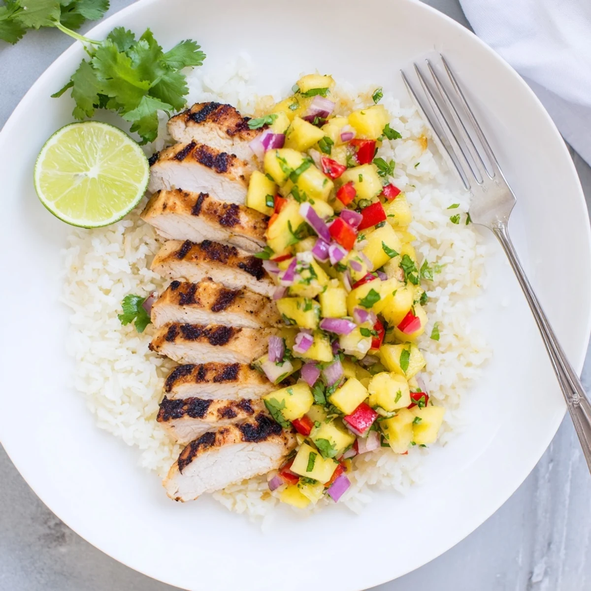 Tropical Dinner Delight featuring golden grilled chicken and vibrant fruit salsa over rice