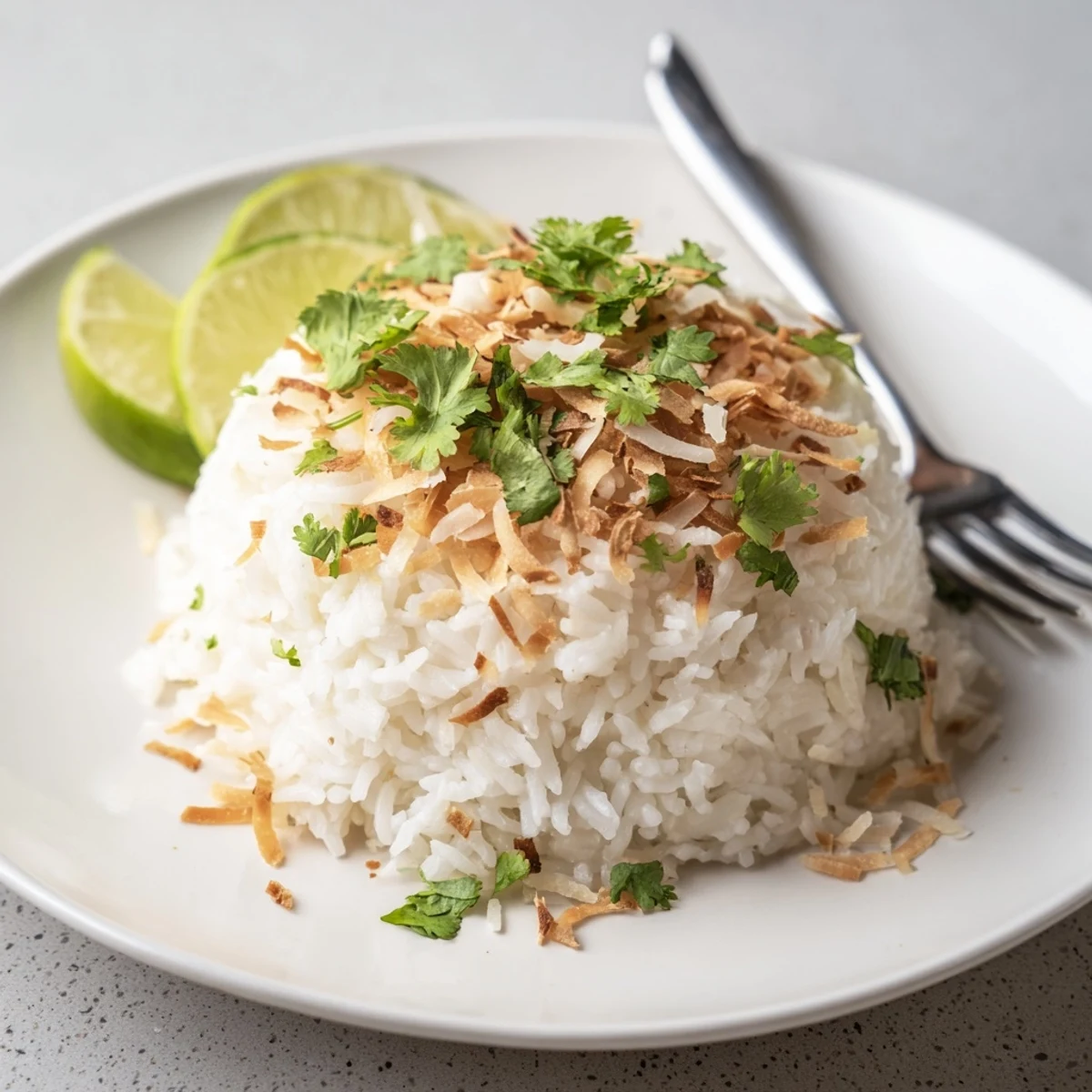 Fluffy coconut rice steamed in creamy coconut milk and garnished with toasted flakes