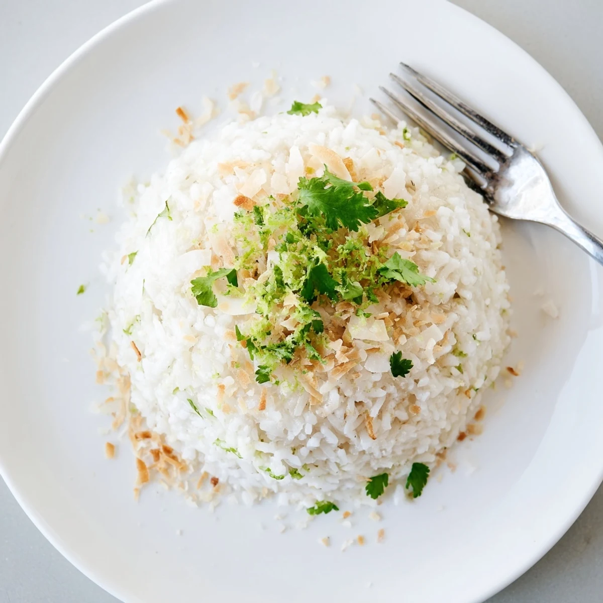 Steaming bowl of fragrant coconut rice topped with fresh cilantro and lime zest