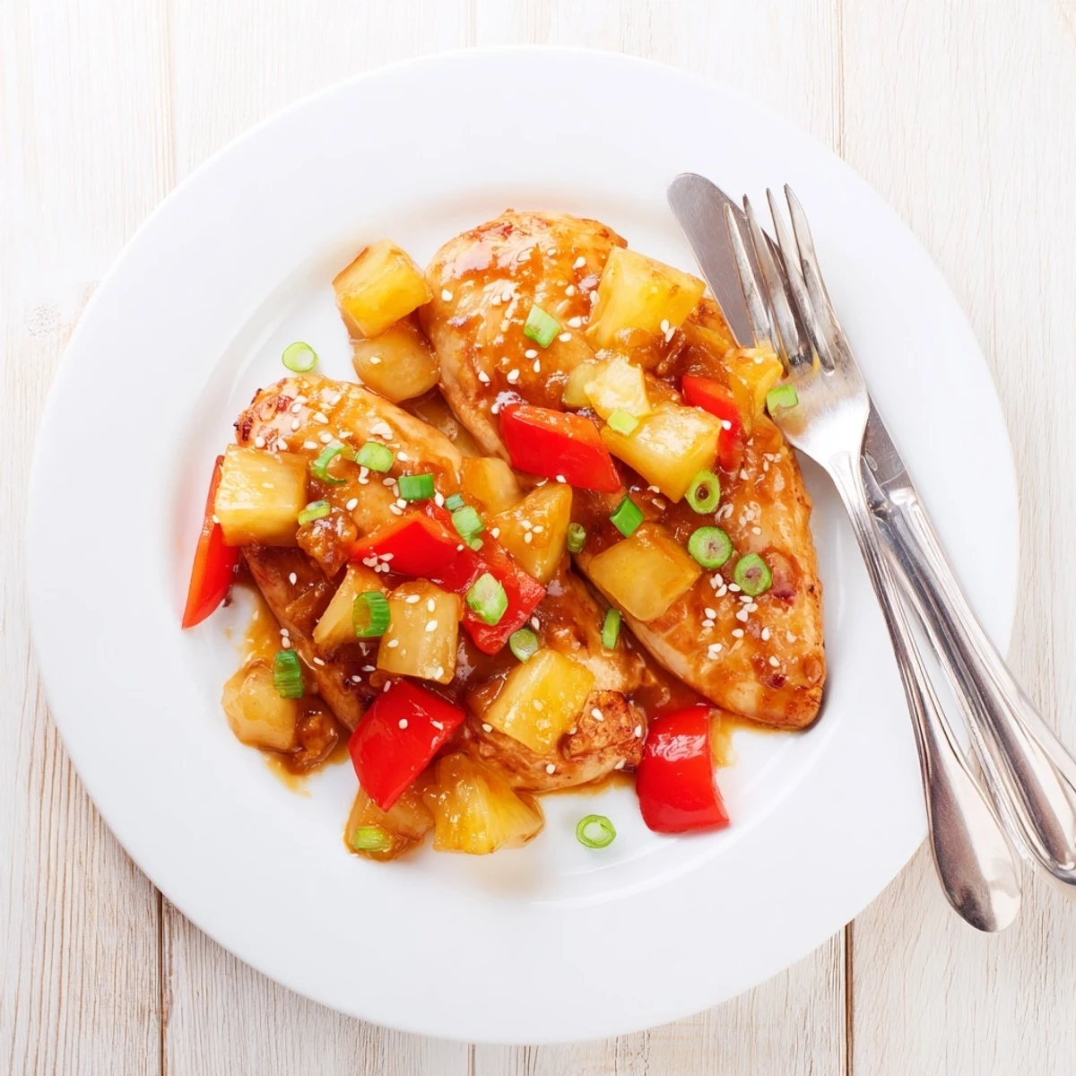 Juicy Hawaiian Chicken coated in a glossy pineapple sauce with colorful bell peppers