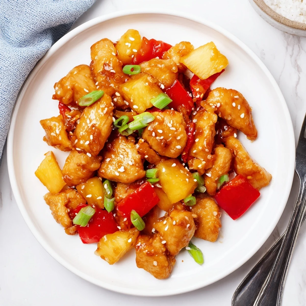Golden Hawaiian Chicken glazed in tangy sauce topped with green onions and sesame seeds