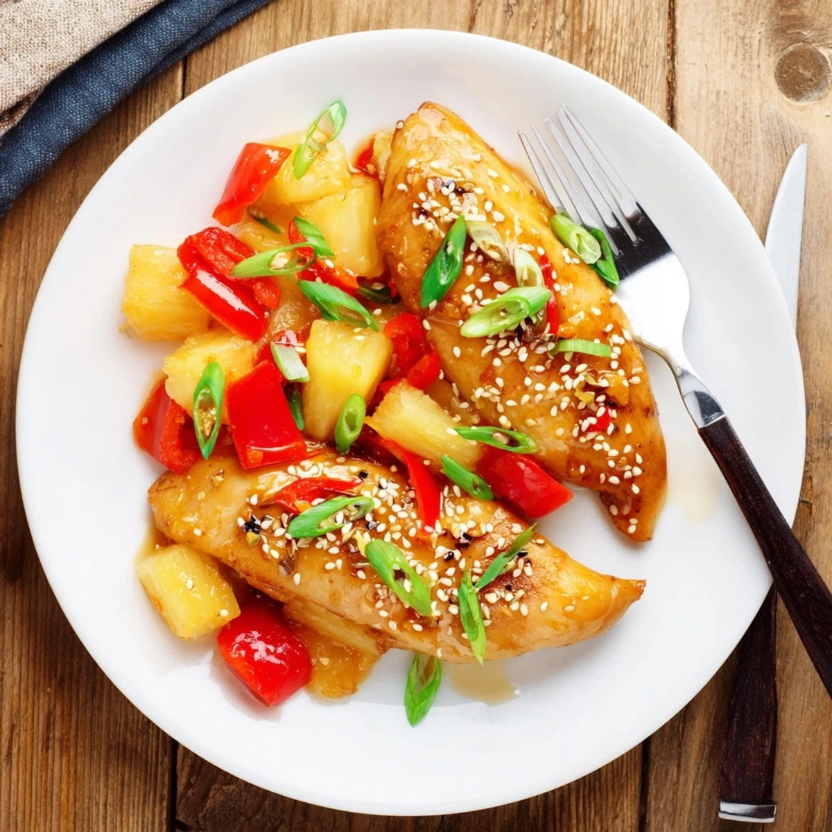 Tender Hawaiian Chicken simmered in sweet pineapple soy sauce served over fluffy white rice