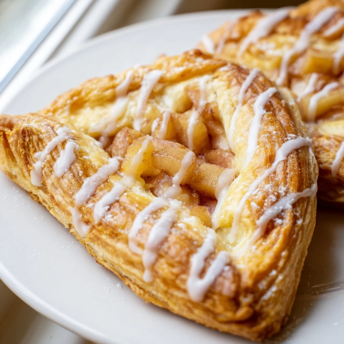 Golden Apple Cheese Danishes with spiced apple filling and creamy drizzle on flaky pastry