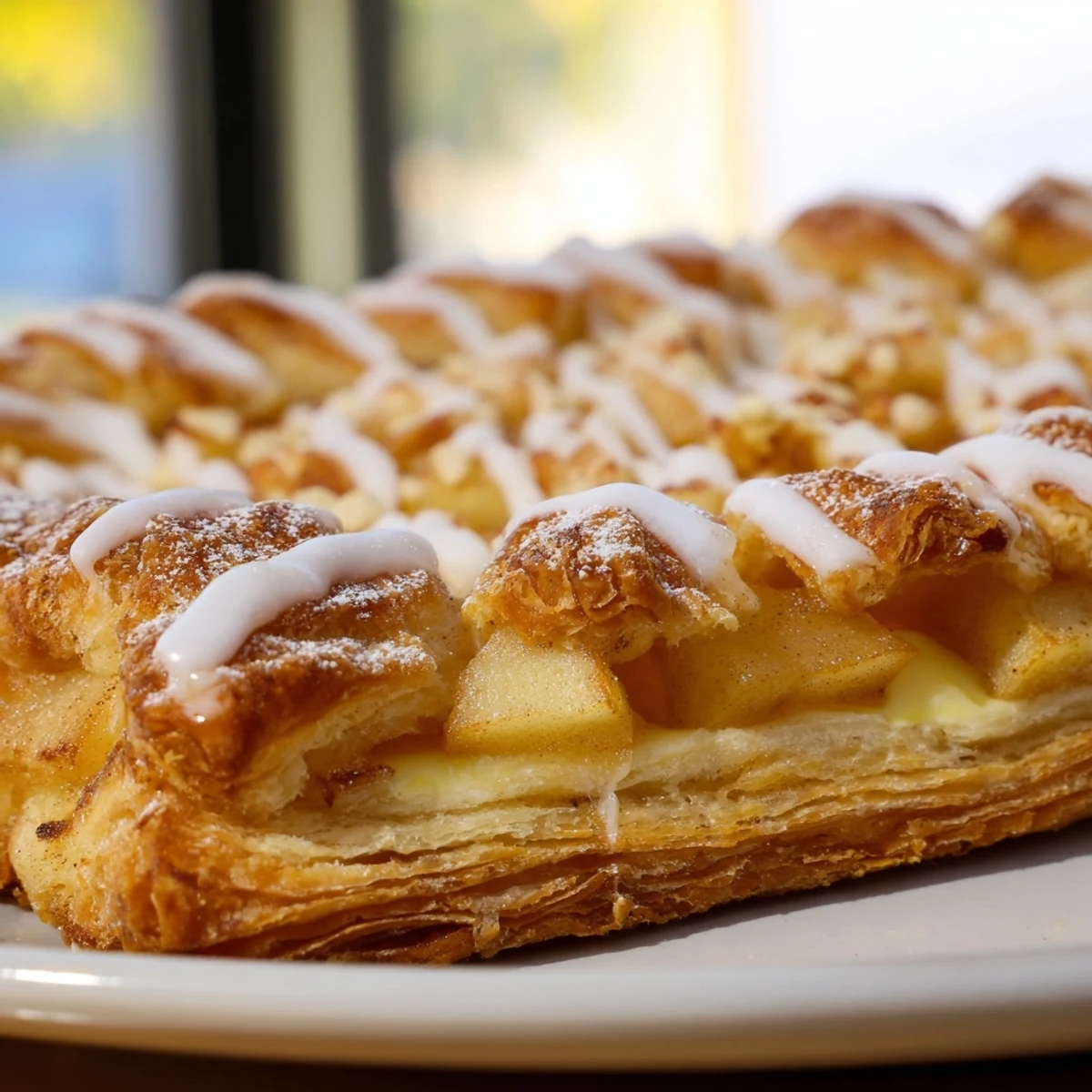 Creamy Apple Cheese Danishes topped with cinnamon apples and sweet vanilla icing drizzle
