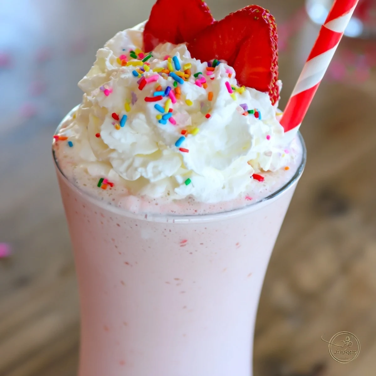 Creamy strawberry milkshake topped with whipped cream in a tall glass