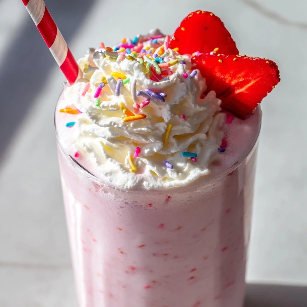 Frothy pink strawberry milkshake garnished with whipped cream and colorful sprinkles