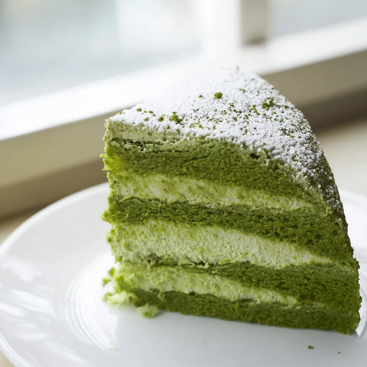 A slice of tender matcha cake dusted with green tea powder on a white plate