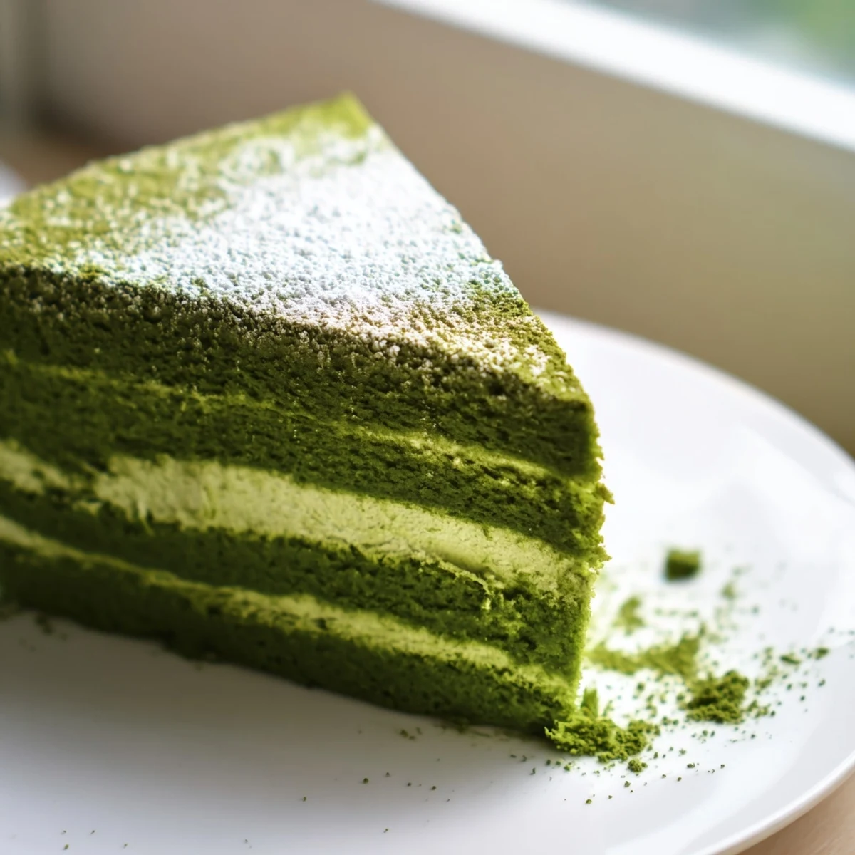 Fluffy matcha cake with a vibrant green crumb served alongside a steaming cup of tea