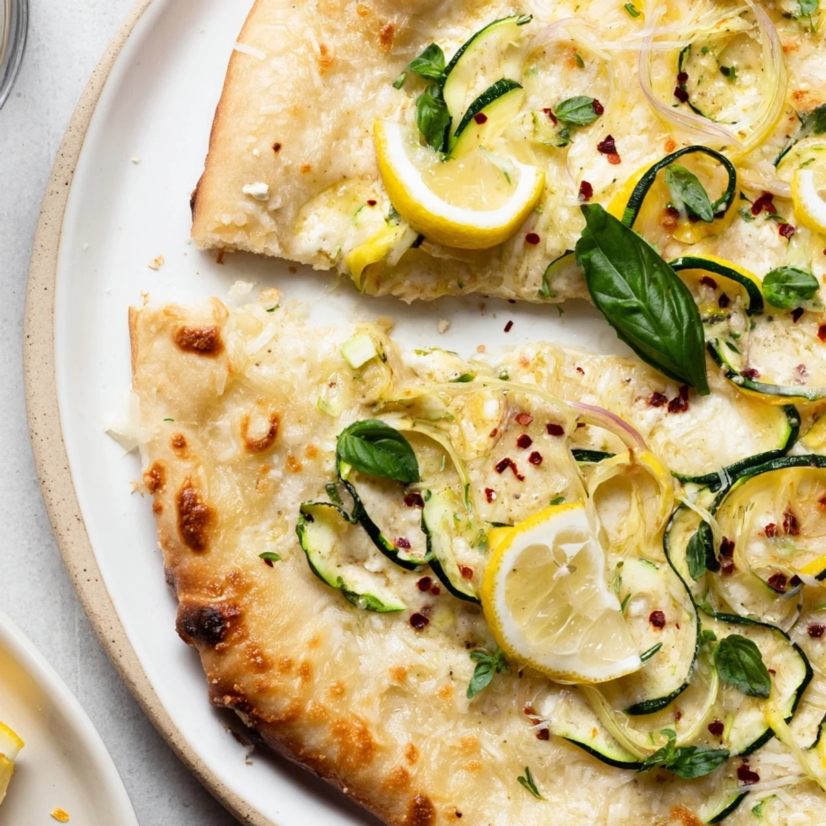 Golden zesty summer lemon pizza topped with creamy ricotta, fresh herbs, and bubbling mozzarella