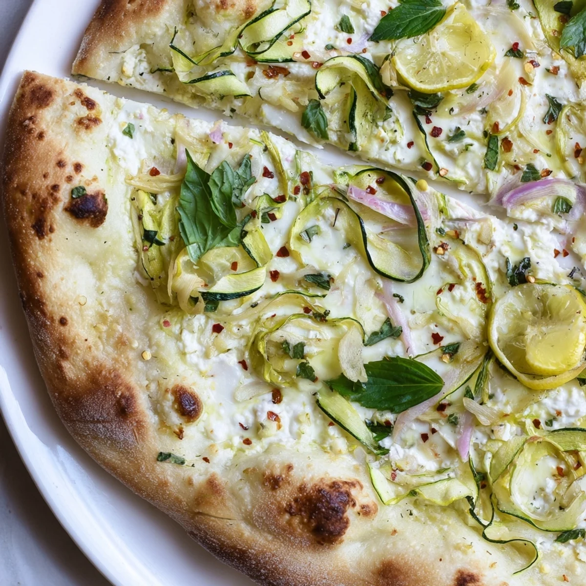 Slices of zesty summer lemon pizza garnished with basil, mint, and thin lemon wheels